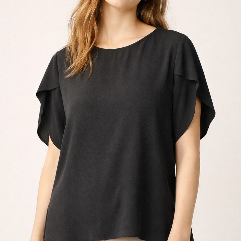 Eileen Fisher Silk Blouse Womens M Black Crepe Georgette Tulip Sleeve Washable